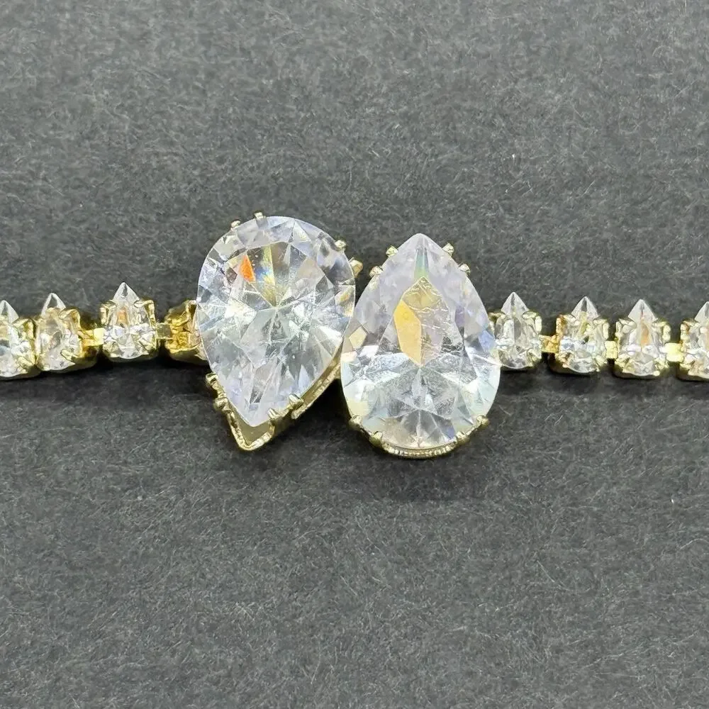Gold Tone Watch Charm Bracelet Set 3 Pc Rhinestone Pink Dial Pear Cut Crystal